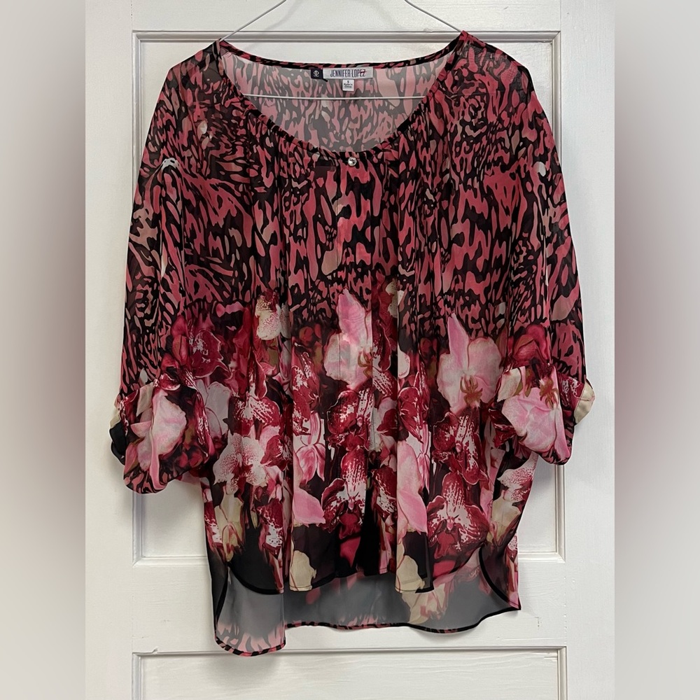 Sz S JENNIFER LOPEZ Women’s Short Sleeve Blouse Top Shirt floral Lagenlook